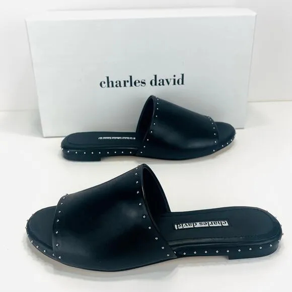 CHARLES DAVID &quot;SHERIFF&quot; LUXURY BLACK LEATHER CHROME STUDS FLAT SLIDE-IN SANDAL🆕
