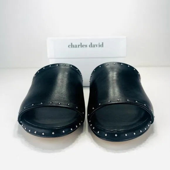 CHARLES DAVID &quot;SHERIFF&quot; LUXURY BLACK LEATHER CHROME STUDS FLAT SLIDE-IN SANDAL🆕