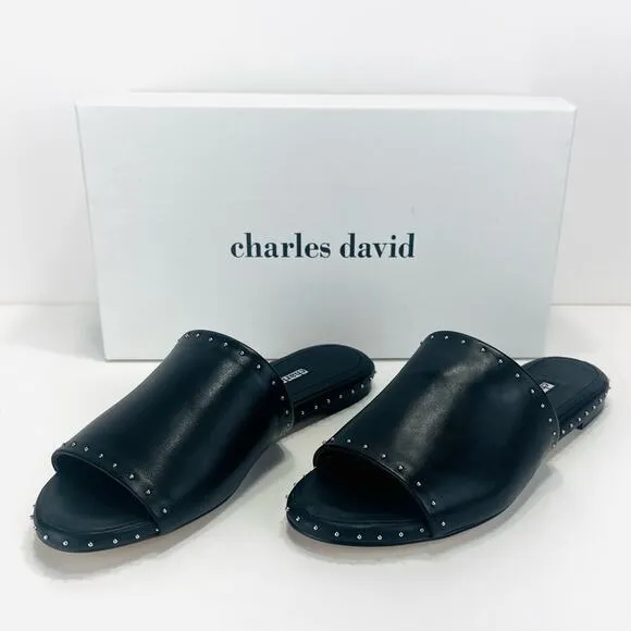 CHARLES DAVID &quot;SHERIFF&quot; LUXURY BLACK LEATHER CHROME STUDS FLAT SLIDE-IN SANDAL🆕