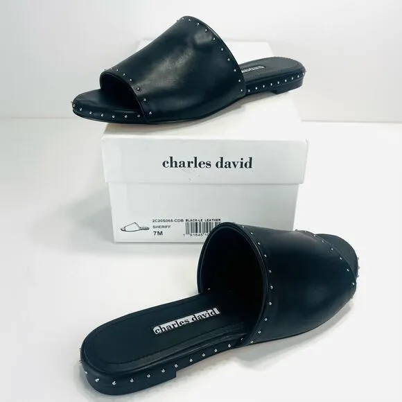 CHARLES DAVID &quot;SHERIFF&quot; LUXURY BLACK LEATHER CHROME STUDS FLAT SLIDE-IN SANDAL🆕