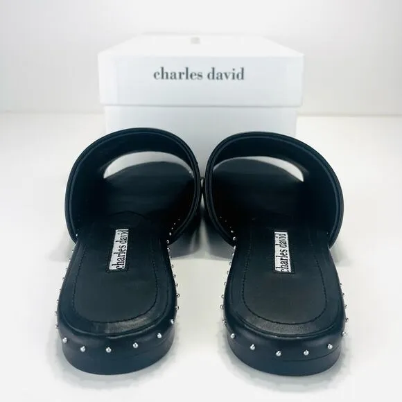 CHARLES DAVID &quot;SHERIFF&quot; LUXURY BLACK LEATHER CHROME STUDS FLAT SLIDE-IN SANDAL🆕