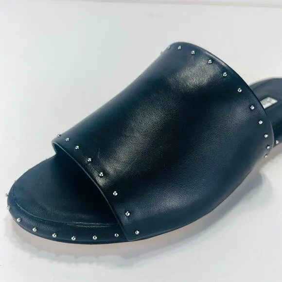 CHARLES DAVID &quot;SHERIFF&quot; LUXURY BLACK LEATHER CHROME STUDS FLAT SLIDE-IN SANDAL🆕