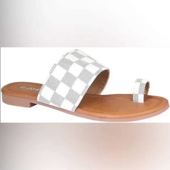 Checkered/Plaid Print Flat One-Toe Slide Sandals