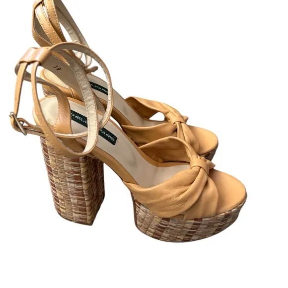 Chelsea Paris Zasa Raffia Leather Ankle-Strap Platform Sandals Sz 39 Beige