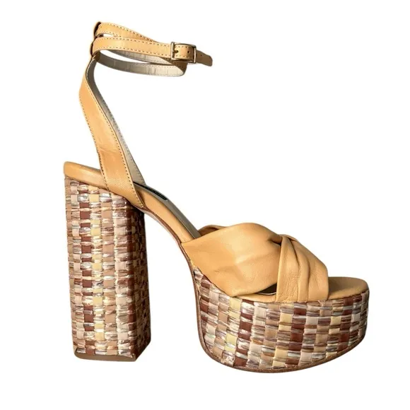 Chelsea Paris Zasa Raffia Leather Ankle-Strap Platform Sandals Sz 39 Beige