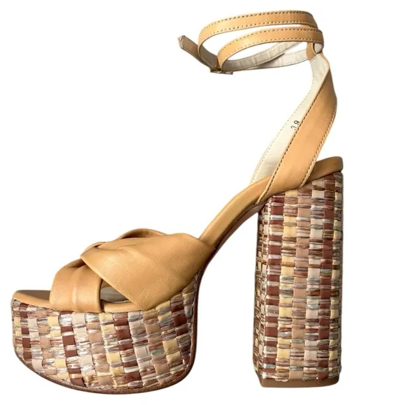 Chelsea Paris Zasa Raffia Leather Ankle-Strap Platform Sandals Sz 39 Beige