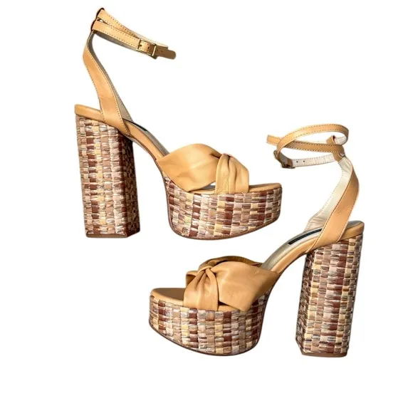 Chelsea Paris Zasa Raffia Leather Ankle-Strap Platform Sandals Sz 39 Beige