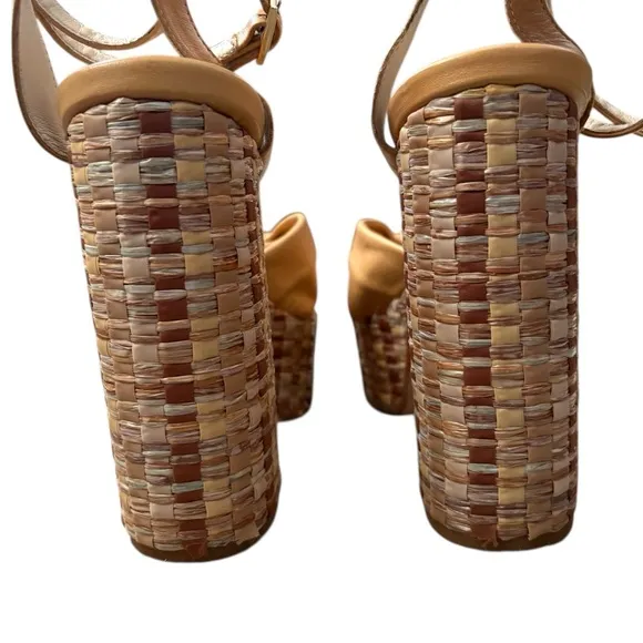 Chelsea Paris Zasa Raffia Leather Ankle-Strap Platform Sandals Sz 39 Beige