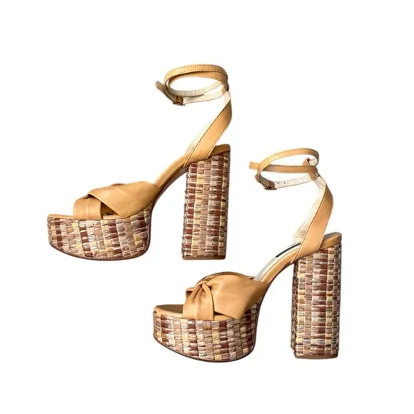 Chelsea Paris Zasa Raffia Leather Ankle-Strap Platform Sandals Sz 39 Beige