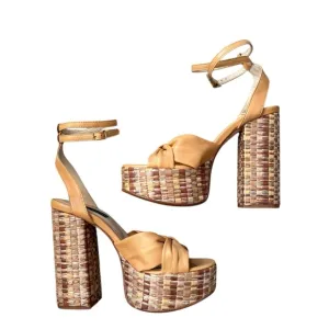 Chelsea Paris Zasa Raffia Leather Ankle-Strap Platform Sandals Sz 39 Beige