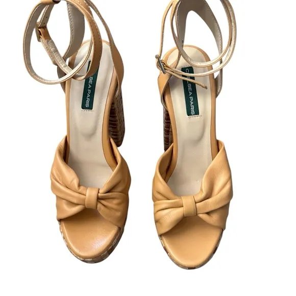Chelsea Paris Zasa Raffia Leather Ankle-Strap Platform Sandals Sz 39 Beige