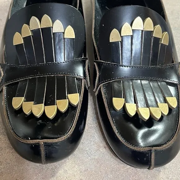 Chloe Brass Kilte Fringe Loafers Black Leather Womens Size 36.5 6.5 Flats Kiltie