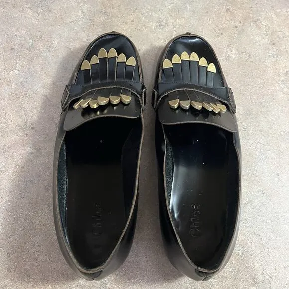 Chloe Brass Kilte Fringe Loafers Black Leather Womens Size 36.5 6.5 Flats Kiltie