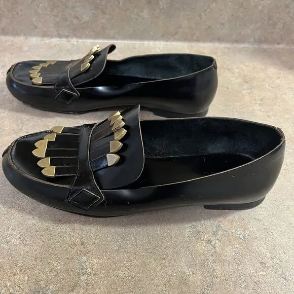 Chloe Brass Kilte Fringe Loafers Black Leather Womens Size 36.5 6.5 Flats Kiltie