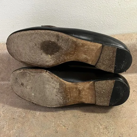 Chloe Brass Kilte Fringe Loafers Black Leather Womens Size 36.5 6.5 Flats Kiltie