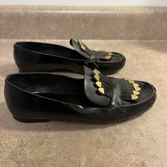 Chloe Brass Kilte Fringe Loafers Black Leather Womens Size 36.5 6.5 Flats Kiltie