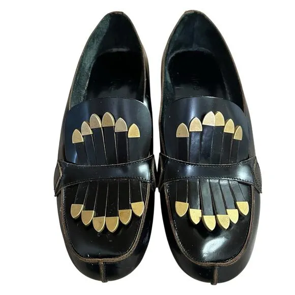 Chloe Brass Kilte Fringe Loafers Black Leather Womens Size 36.5 6.5 Flats Kiltie