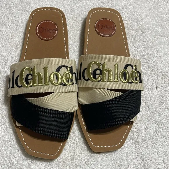 Chloe Woody Gold Embroidered Sandal Size 41 New