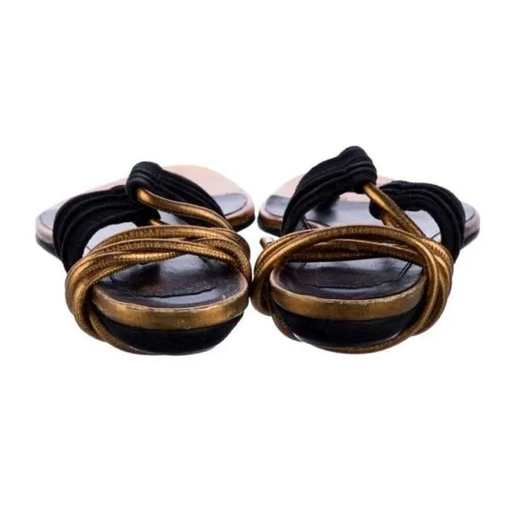 christian dior authentic Black Gold Leather Flat Sandals 7