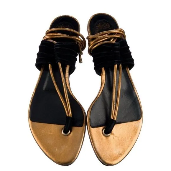 christian dior authentic Black Gold Leather Flat Sandals 7