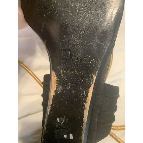 christian dior authentic Black Gold Leather Flat Sandals 7