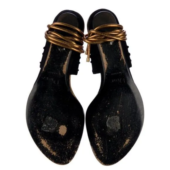 christian dior authentic Black Gold Leather Flat Sandals 7