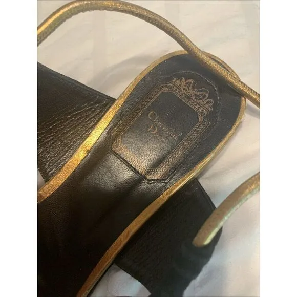 christian dior authentic Black Gold Leather Flat Sandals 7