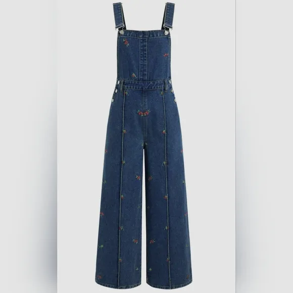 Cider - Denim Floral Buckle Wide Leg Jumpsuit (NWT)
