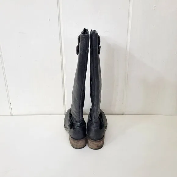 Circle G Distressed Black Leather Knee-High Boots With Buckle Detail &amp; Stacked H