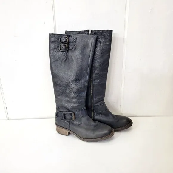 Circle G Distressed Black Leather Knee-High Boots With Buckle Detail &amp; Stacked H