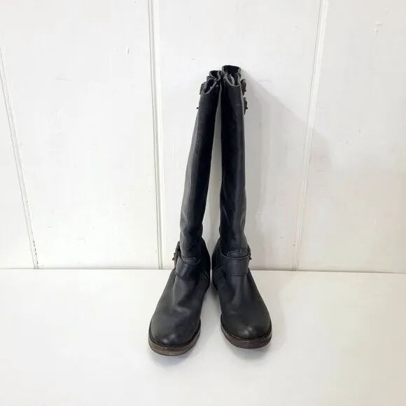 Circle G Distressed Black Leather Knee-High Boots With Buckle Detail &amp; Stacked H
