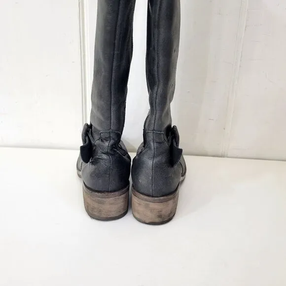 Circle G Distressed Black Leather Knee-High Boots With Buckle Detail &amp; Stacked H