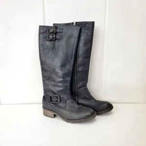 Circle G Distressed Black Leather Knee-High Boots With Buckle Detail &amp; Stacked H