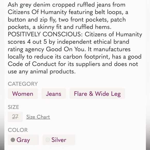 Citizens of Humanity Ash Grey Drew Flounce Highrise Jeans Sz 27 New With Tag