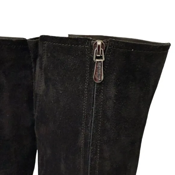 Clarks Knee High Boots Black Suede Orabella Ava Block Heel Womens US 7 UK 4.5