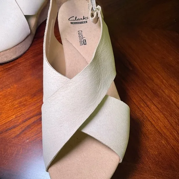Clarks Off White Cork High Wedge Sandals Never Worn.Size 9.5W