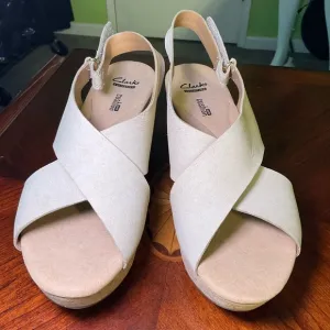 Clarks Off White Cork High Wedge Sandals Never Worn.Size 9.5W