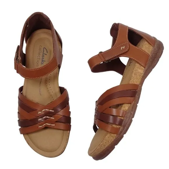 Clarks Women's 6M NEW Roseville Cove Tan Leather Hook &amp; Loop Flat Sandals