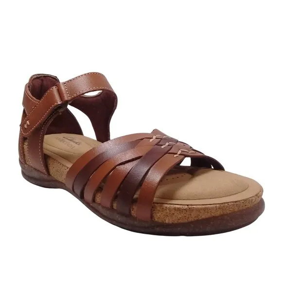 Clarks Women's 6M NEW Roseville Cove Tan Leather Hook &amp; Loop Flat Sandals