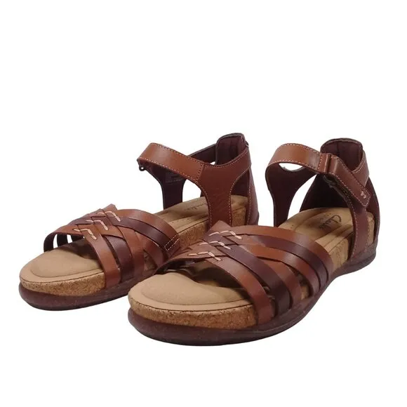 Clarks Women's 6M NEW Roseville Cove Tan Leather Hook &amp; Loop Flat Sandals