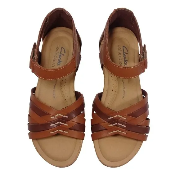 Clarks Women's 6M NEW Roseville Cove Tan Leather Hook &amp; Loop Flat Sandals