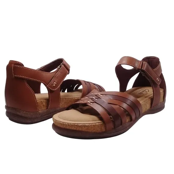 Clarks Women's 6M NEW Roseville Cove Tan Leather Hook &amp; Loop Flat Sandals
