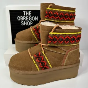 CLASSIC MINI II HERITAGE TASMAN BRAID PLATFORM BOOTS SUEDE WOOL CHESTNUT YELLOW