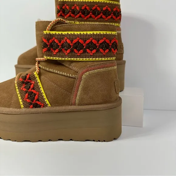 CLASSIC MINI II HERITAGE TASMAN BRAID PLATFORM BOOTS SUEDE WOOL CHESTNUT YELLOW
