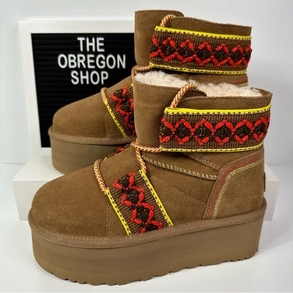 CLASSIC MINI II HERITAGE TASMAN BRAID PLATFORM BOOTS SUEDE WOOL CHESTNUT YELLOW