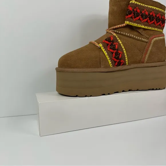 CLASSIC MINI II HERITAGE TASMAN BRAID PLATFORM BOOTS SUEDE WOOL CHESTNUT YELLOW