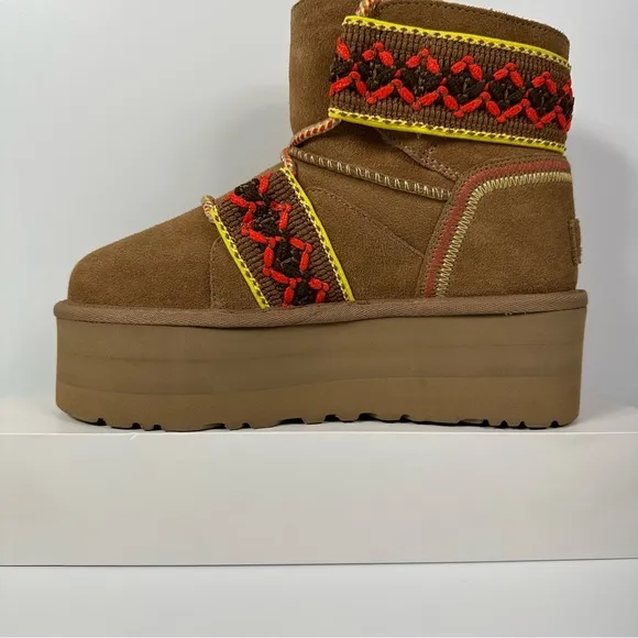 CLASSIC MINI II HERITAGE TASMAN BRAID PLATFORM BOOTS SUEDE WOOL CHESTNUT YELLOW