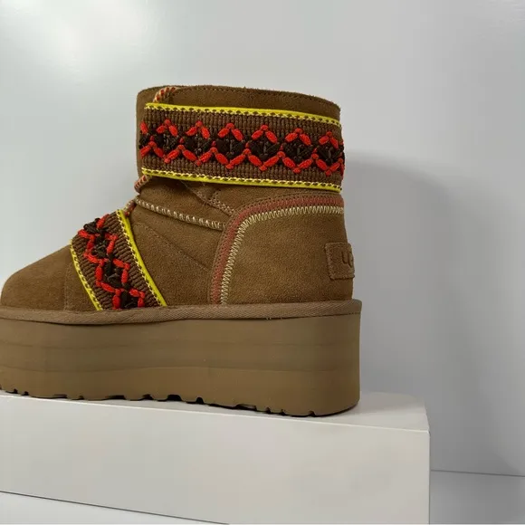 CLASSIC MINI II HERITAGE TASMAN BRAID PLATFORM BOOTS SUEDE WOOL CHESTNUT YELLOW