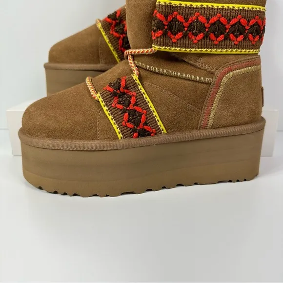 CLASSIC MINI II HERITAGE TASMAN BRAID PLATFORM BOOTS SUEDE WOOL CHESTNUT YELLOW