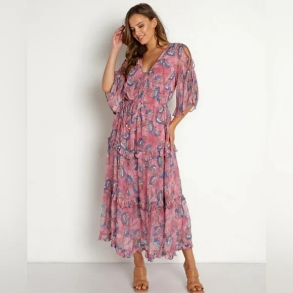 Cleobella NWT Elena Lotus Print Ruffled Trim Tiered Ankle Dress XS